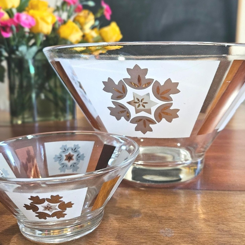 Anchor Hocking White Gold Atomic Glass Serving Bowl Set MCM Large Small Pair